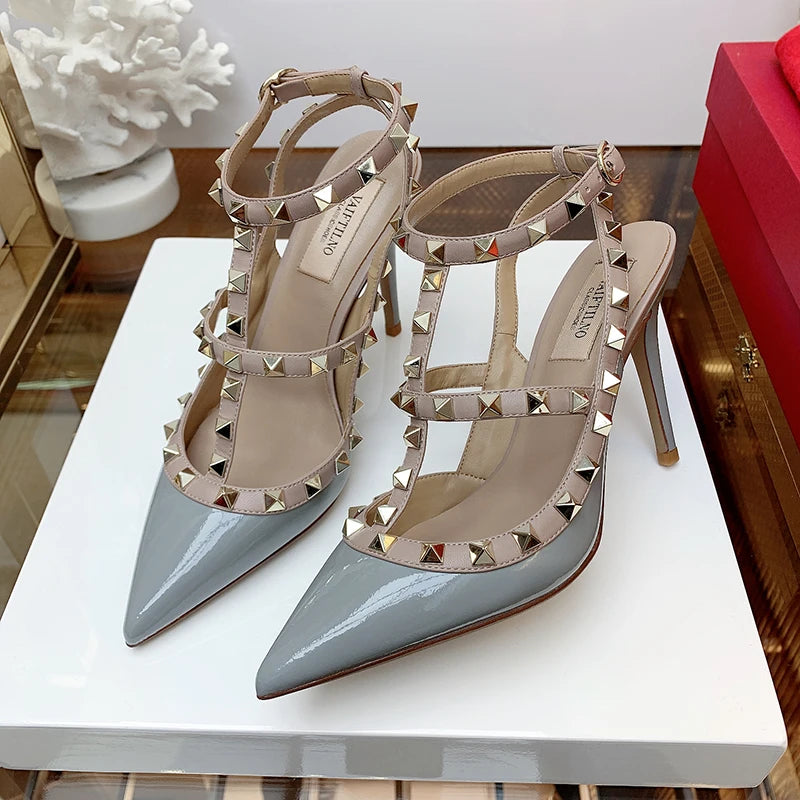 Nude Women's Gladiator sandals Summer 2025 Luxury With Ankle Strap Pointed Toe Fashion Rivet High Heels Party Ladies Shoes Women