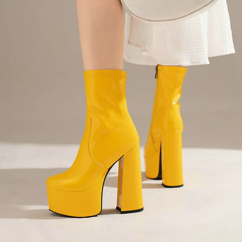 New Lacquer Leather Autumn and Winter Short Boots Women's Thick High Heels Sexy Short Tube Large Fashion Short Boots