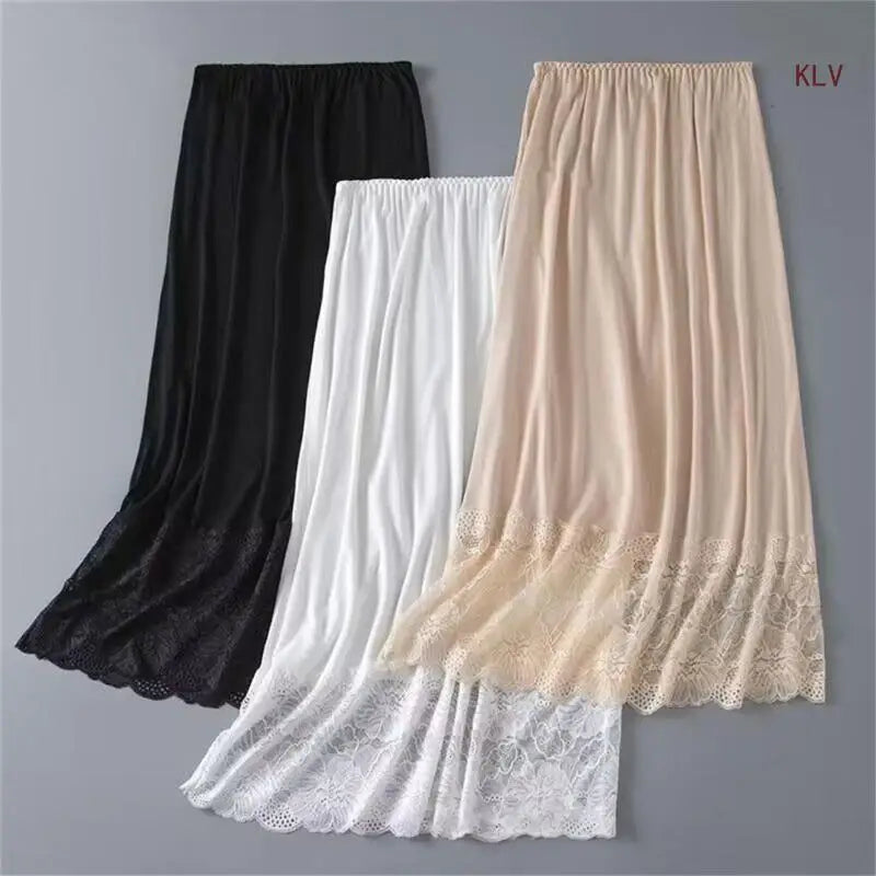 Womens Lace Trim Half Slip Long Underskirt Elastic Waist Solid Color Petticoat Basic Safety Half Skirt for Under Dresses