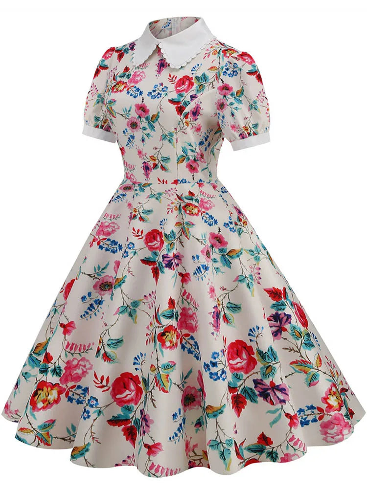 Women Vintage Dress Floral Print Peter pan Collar Elegant Party Dress Puff Short Sleeve Pin Up 50s Party Sundress 3XL