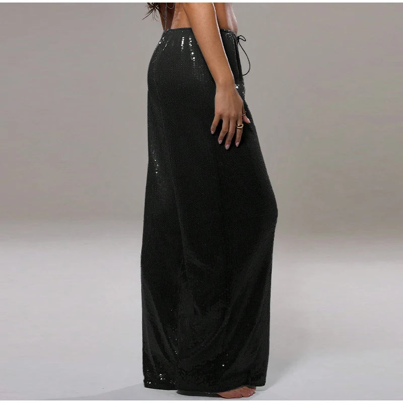 Women Sequin Pants Cinched Waist Glitter Baggy Straight Long Trousers