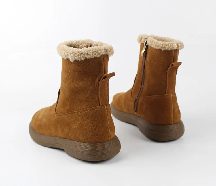 Careaymade-Genuine cow leather Snow cotton round head flats woolen short boots plush warm snow boots Oversized shoes size 35-43