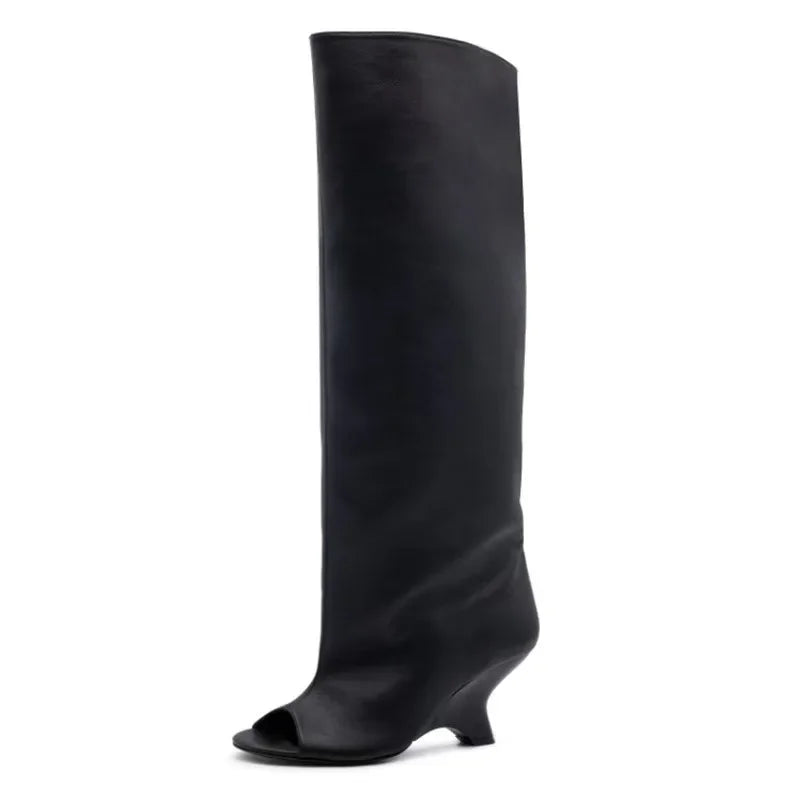 2025 European AndAmerican Nichedesign Versatileopen Toe Long Tube Cool Boots for Women, Crocodile Patterned Irregular High Heels