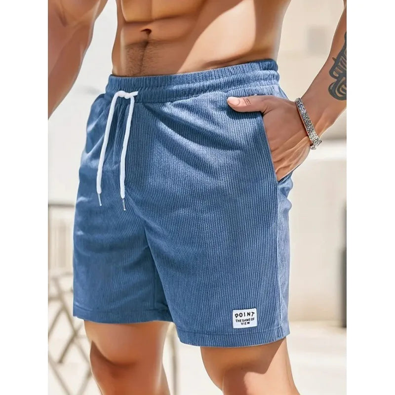 Men's Workwear Shorts Summer Casual Corduroy Loose Elastic Waist Multi-Pocket Leisure Pants Embroidery Retro Style Male Trousers