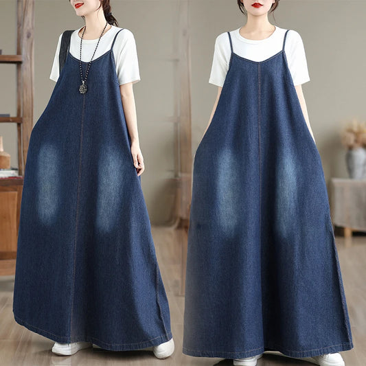 Casual Loose Fit Denim Wrap Dress Women's Vacation Casual Long Skirt Cotton Polyester Blend round Neck A-Line Dress