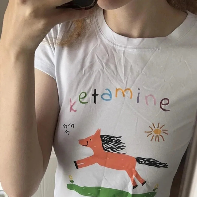 Summer new casual short-sleeve cute pony print Slim Blouse t-shirt kawaii crop top baby tee shirt vintage y2k clothes streetwear