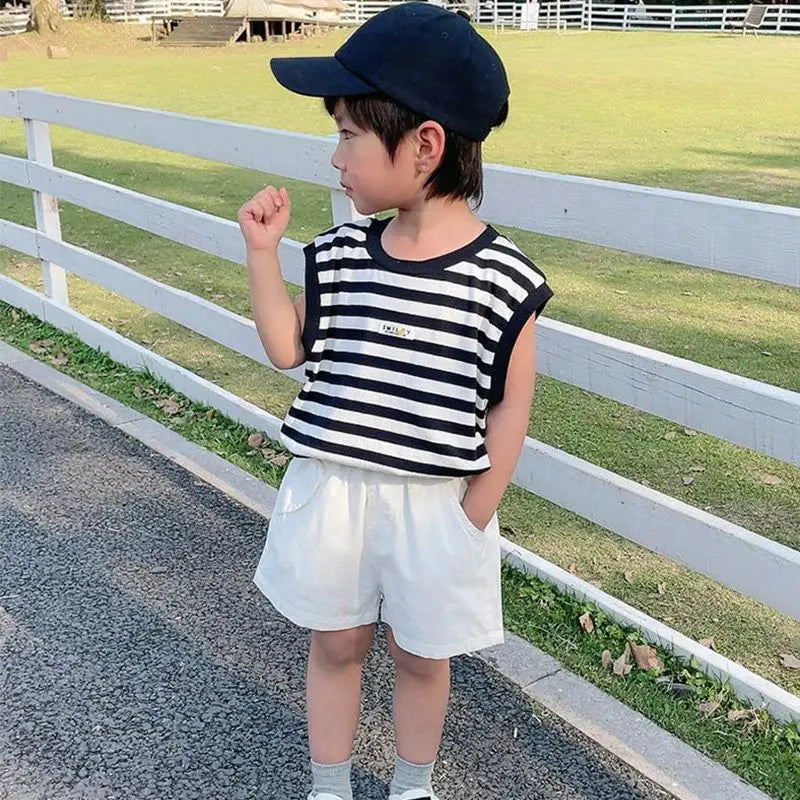 Boys' Striped Summer Casual Clothing Girl Children Handsome Boy Baby Sleeveless Vest and Shorts Set Kids Clothes Boys Outfits
