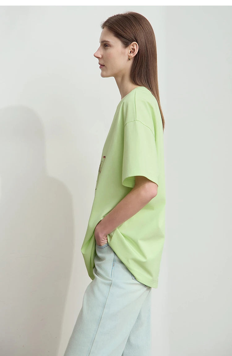 AMII Summer Casual T-shirt for Women 2025 Print Round Neck Short Sleeve Shirts Lady Fashion New Loose Clothes Woman 12522007