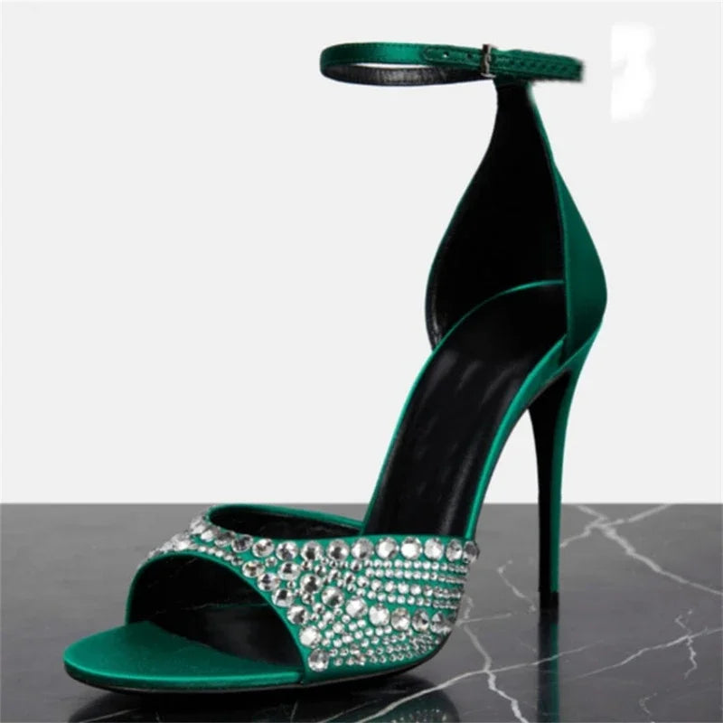 Summer 2023 Internet Celebrity Rhinestone Open Toed Sandals Fashion Round Toe Slim Heel Sandals Sexy Wrapped Party Sandals 35-43