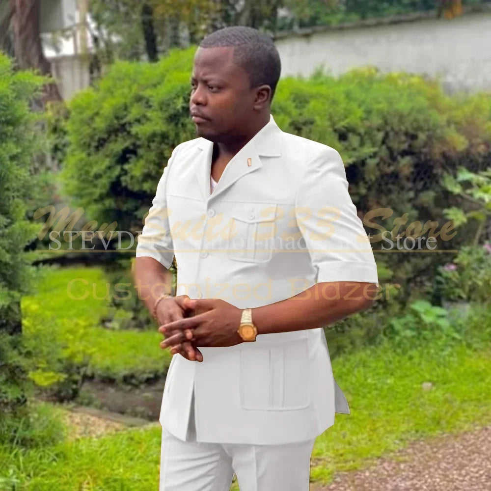 Safari Men Suits with Short Sleeve 2 Pieces Single Breasted Stand Notch Lapel African Fashion Style Set Jacket Pants