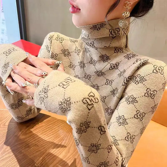 Women Clothing Elegant Chic Flower Knit Pullover Autumn Winter Casual All-match Slim Long Sleeve Sweaters Office Lady O-neck Top