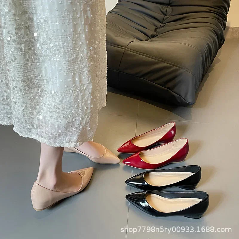 Fashion Flats Women Low Heels 5cm Internal Height Increasing Shoe Women Shoes Pointed Toe Patent Leather Office Driving Shoes