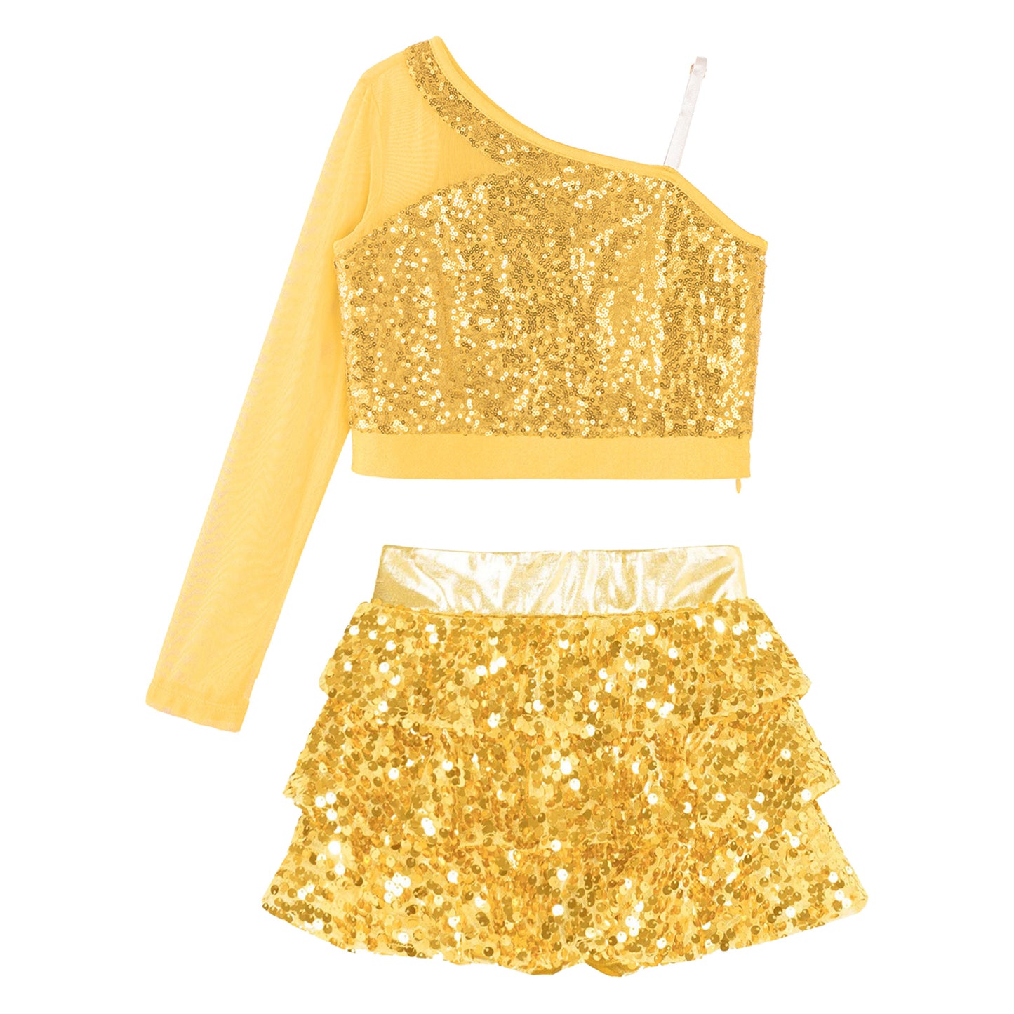 Kids Girls Dance Dresses Latin Jazz Modern Dance Show Costume Sequin Long Sleeve Crop Tops and Skirted Culottes Cheer Dancewear