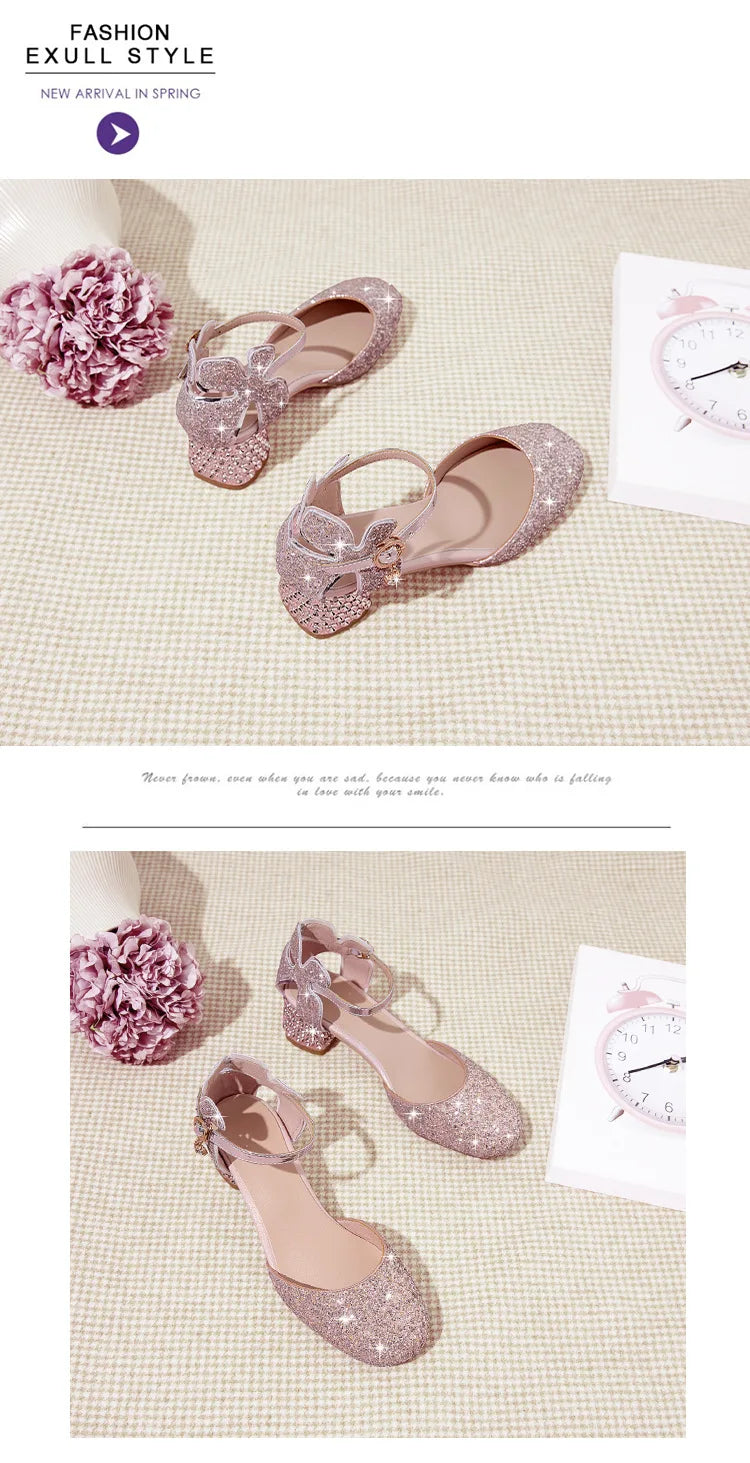 Princess Kids Leather Shoes Girls Sandal Sweet Pearl Casual Glitter Children High Heels Girls Party Dance Shoes Pink Gold Silver