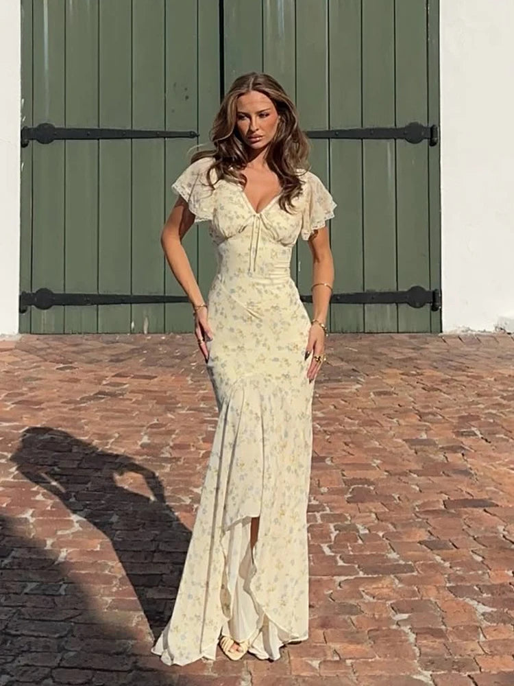 Chic Floral Puff Sleeve Women Maxi Dress Sexy V Neck Button Down Ruffle Slit Vestidos 2026 Summer New Lady Daily Party Sundress