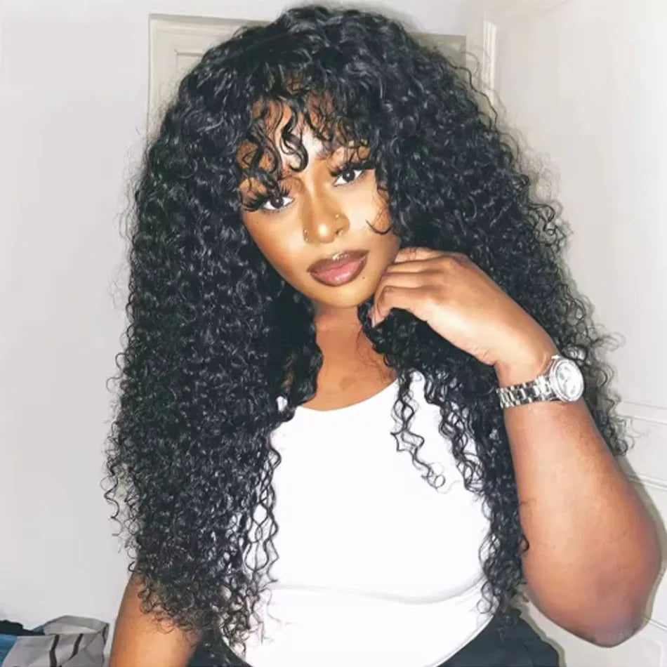 Water Wave Brazilian Human Hair Wig With Bangs Wear And Go Full Machine Made Wigs for Black Women Deep Wave Curly Wigs Glueless