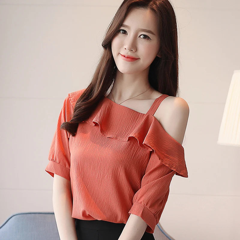Women's One Shoulder Ruffles Chiffon Blouse Shirt Short Sleeve Pullover Acetate