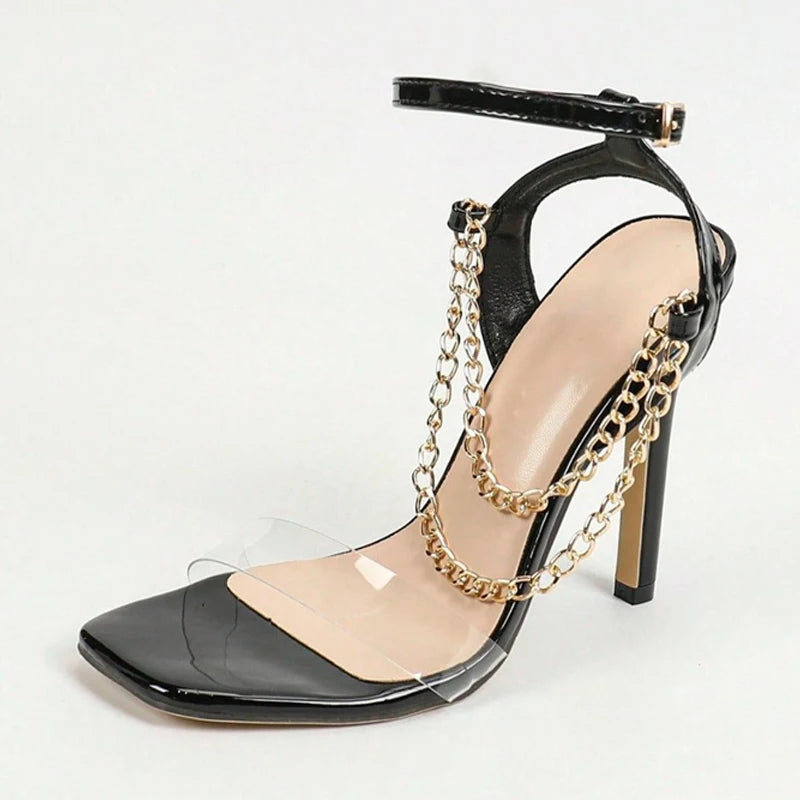 Liyke PVC Transparent Sandals For Women Summer 2026 Fashion Square Toe Metal Chain Designer High Heels Shoes Ladies Sandalias
