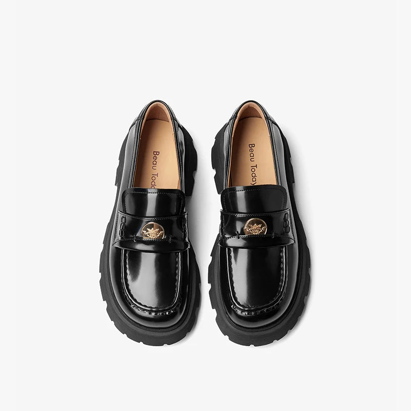 BEAUTODAY Penny Loafers Women Genuine Leather Moccasin Square Toe Metal Buckle Laides Platform Shoes Handmade 26424