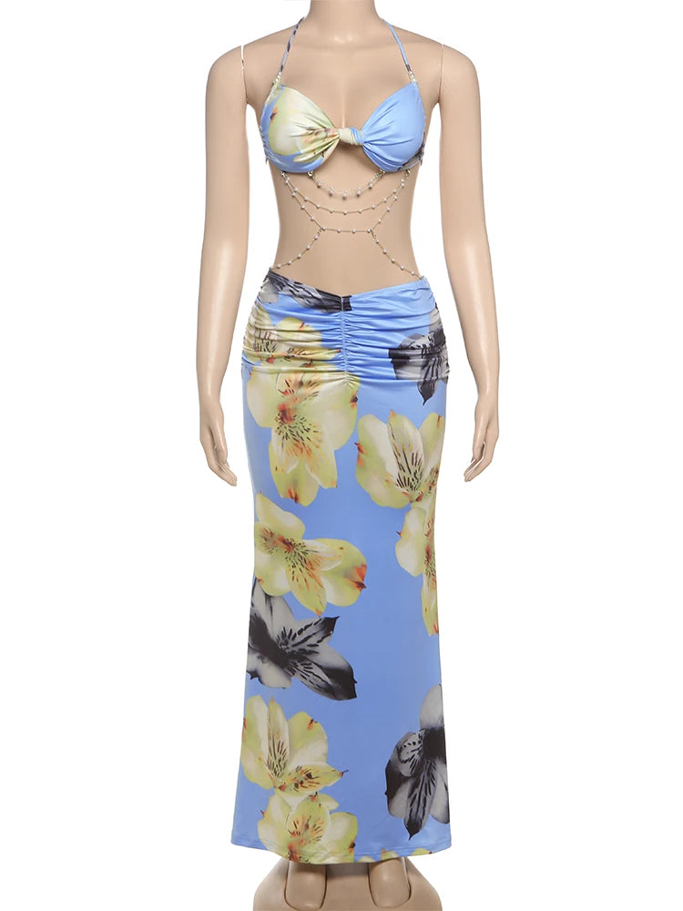kliou Pearl Splice Stunning Dresses Women Sexy Tie Dye Tassel Bandage Hollow Shirring Maxi Bodycon Lady Vacation Party Vestidos