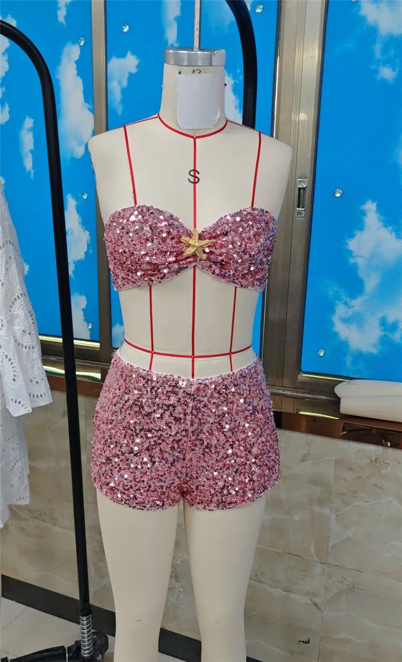 Women Sequin Two Piece Outfit Halter Crop Top And Split Mini Skirt Club Wear
