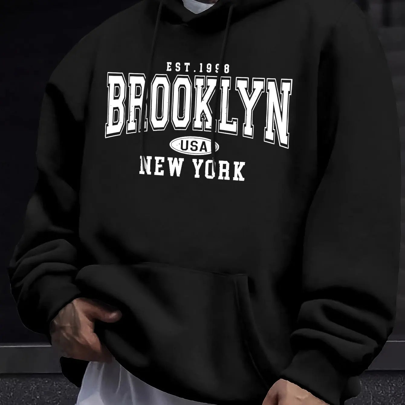 Men's autumn and winter casual fashion loose Brooklyn New York letter printed long sleeved hooded sweatshirt warm pullover BAZAARHUBO