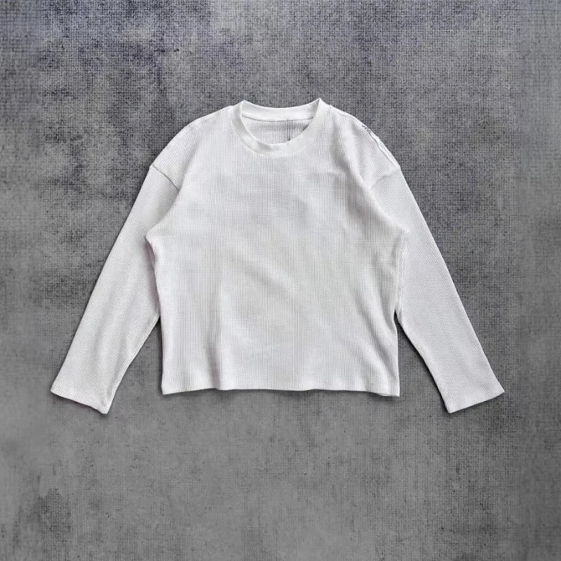 Deeptown White Cherry Blossom Embroidery Man Women T-Shirts Long Sleeve Oversized Waffle Tees Basic Harajuku Casual Streetwear