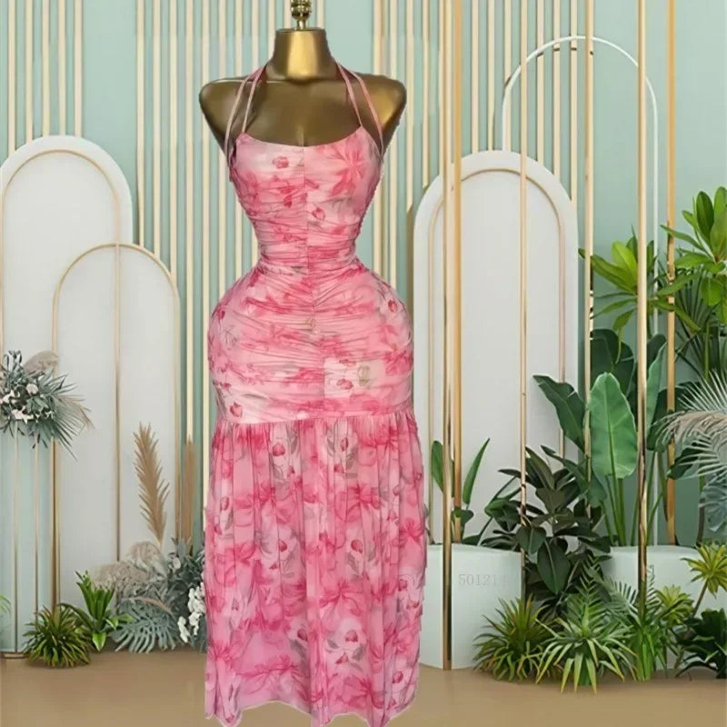 African Women Halter Neck Print Sleeveless Backless Maxi Long Dress 2025 Summer Evening Birthday Vacation Beach Holiday Dresses