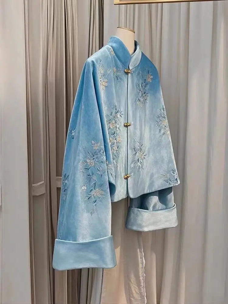 Winter Coat New Chinese Style Standing Collar Tang Suit Blue Embroidered Velvet Jacket Women Clothing Loose Short Coat Women Top