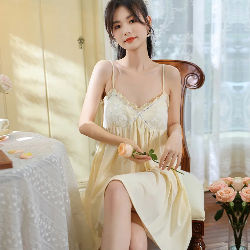 Summer New Sweet Palace Embroidered Lace Knitted Cotton Small Sexy Sling Lace Nightdress Princess Pajamas