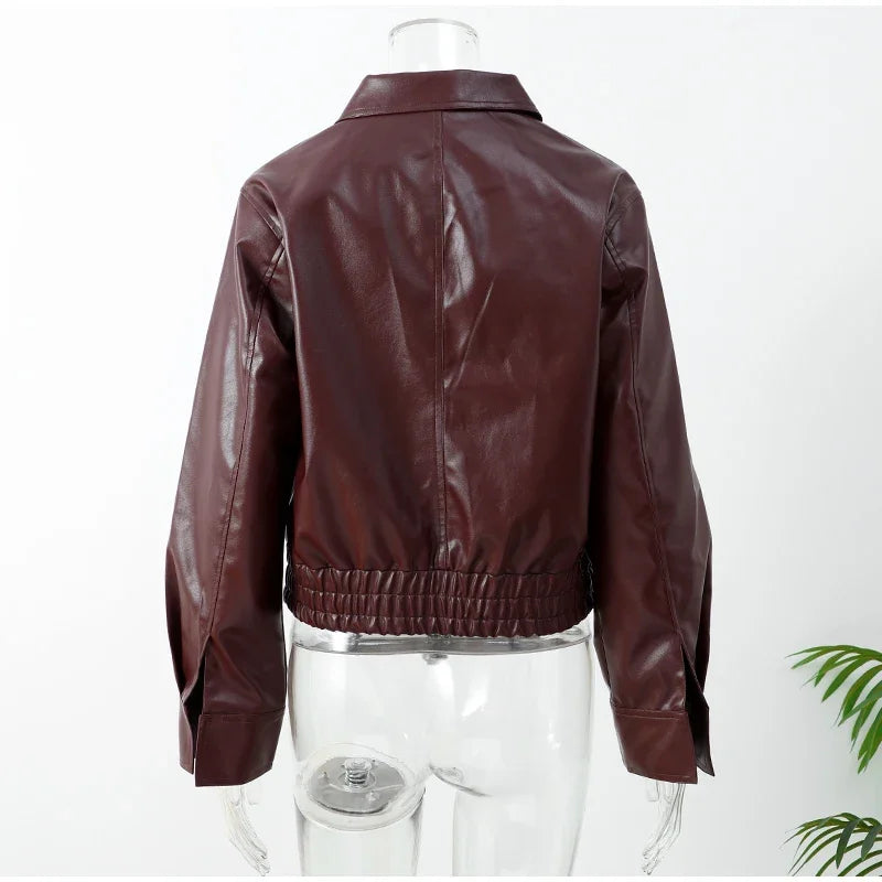 Casual Dark Red  Zipper Leather Short Jackets Women Long Sleeve Lace Up Lapel Loose Button Coat Lady Daily High Street Wear 2026