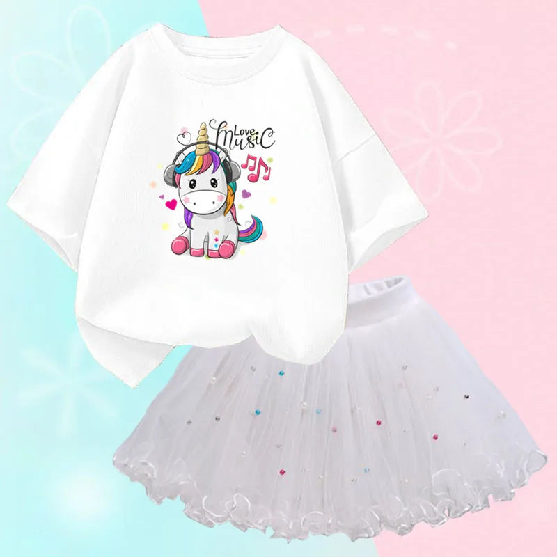 Dresses For Girl Summer Fashion Wear Outfit Kids T-Shirt Suit Unicorn Party Baby Costumes For Children Tulle Tutu Skirt Clothing