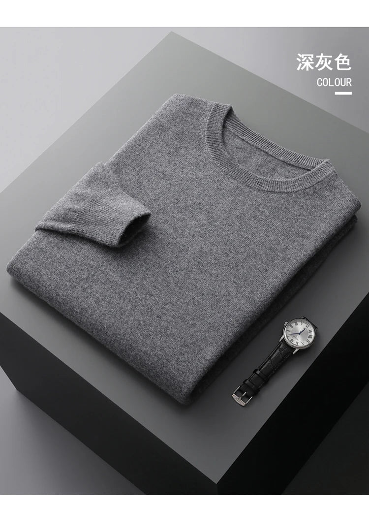 100% Merino Wool Sweater Men's O Neck Pullover Tops One-piece ready-to-wear Autumn Winter Solid Color Sweater Versatile Basic