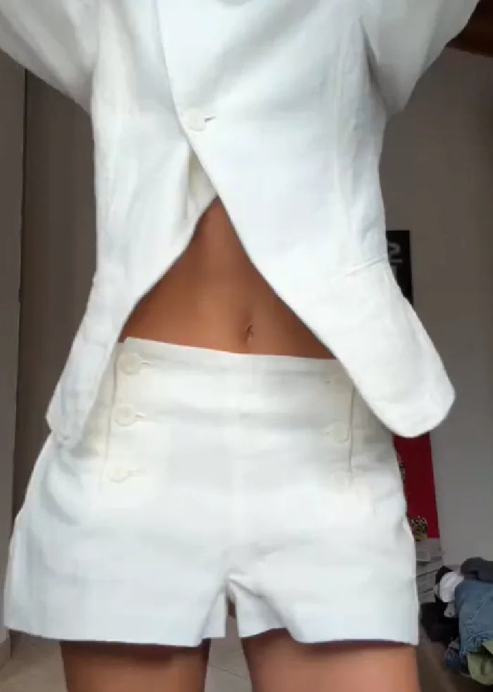 Women's Elegant White Linen Two-piece Outfit Asymmetric Long Sleeved Stand Collar Blazer Jacket Cozy High Waist Shorts Set