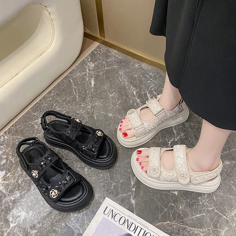 Women's Platform Sandals Handmade Leather Rubber Bottom Flat Sandals Metal Decorative Element Summer Casual Ladies Outdoor Shoes