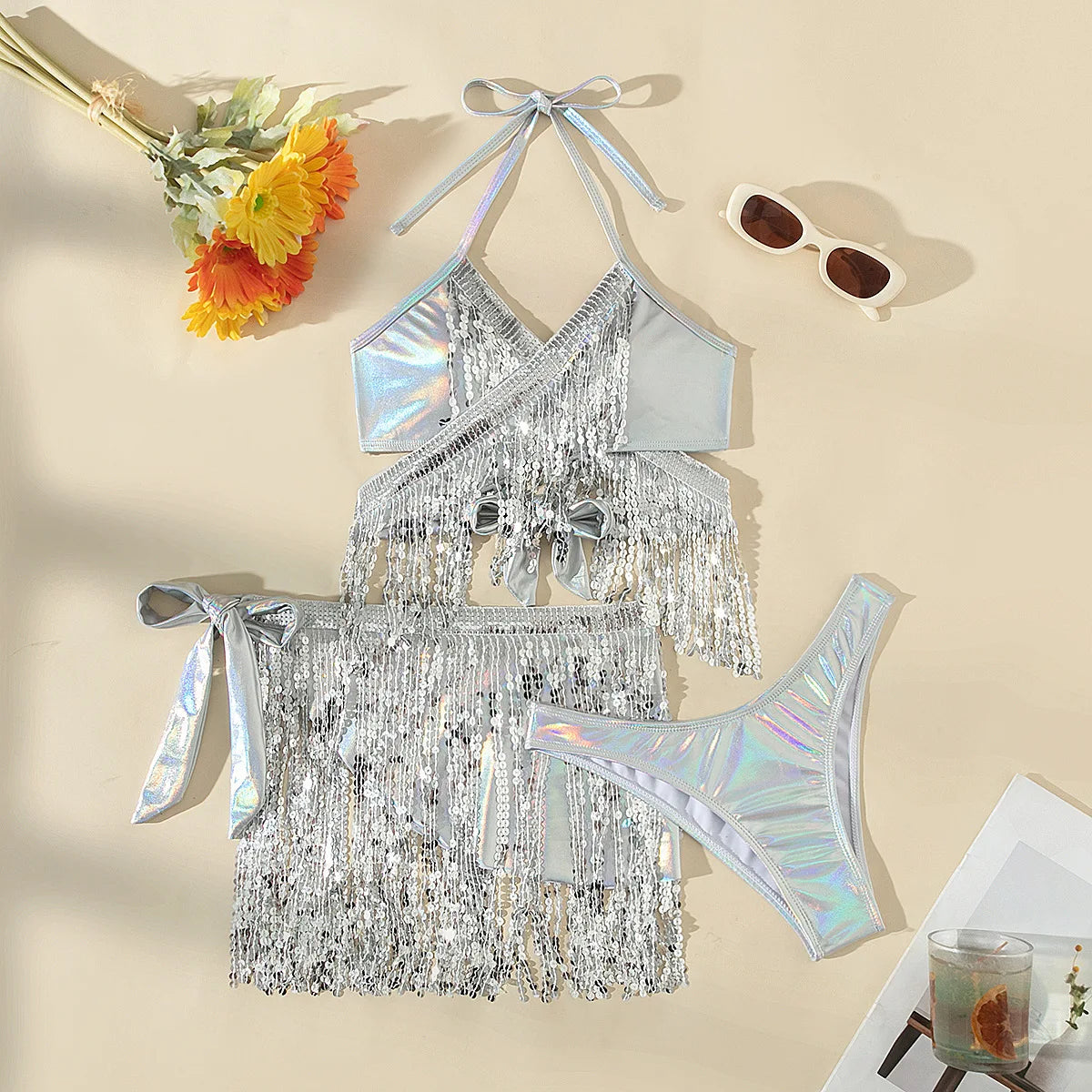 Swimwears Sexy Bikinis Set Camisole Deep V Neck Solid Shorts Summer Beach Style Slight Strech High Waist Sequins 2025 Slim
