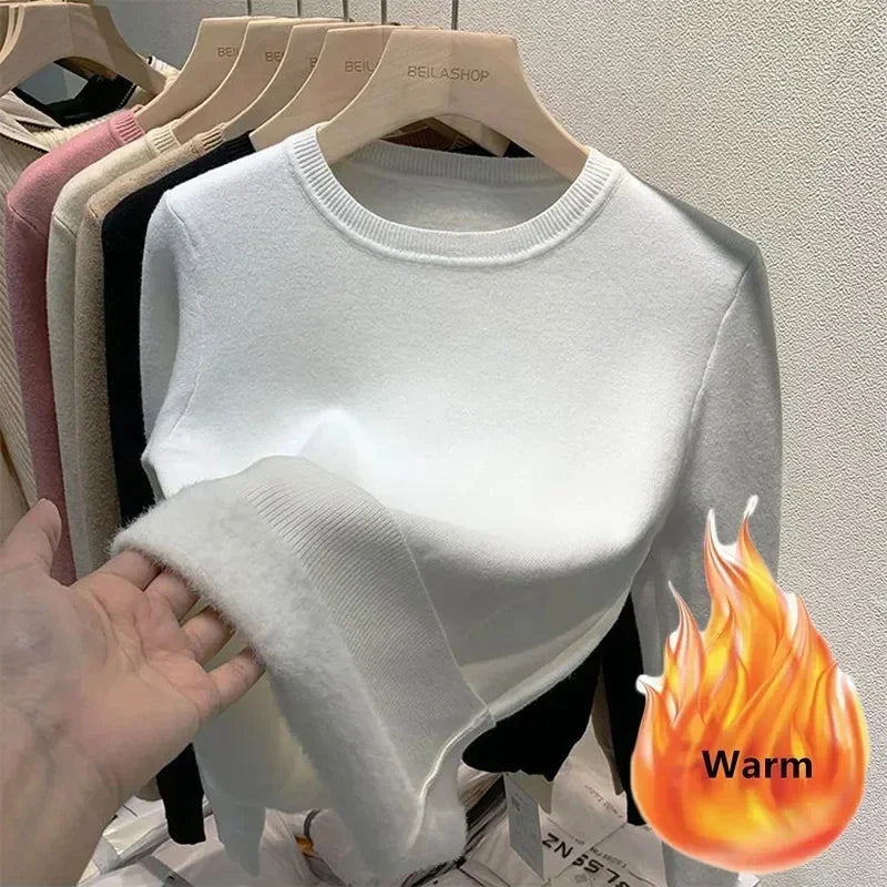 Women's O-neck Velvet Thicken Sweaters Winter Slim Warm Long Sleeve Knitted Tops Casual Plush Fleece Lined Soft Pullovers Ladies