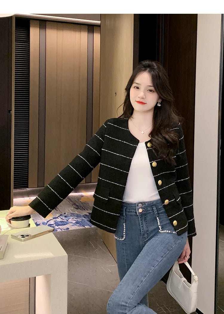 Korean Fashion Casual Small Fragrance Tweed Jacket Coat Women Fall Winter Fried Street Striped Coat Casaco Woolen Outwear Top