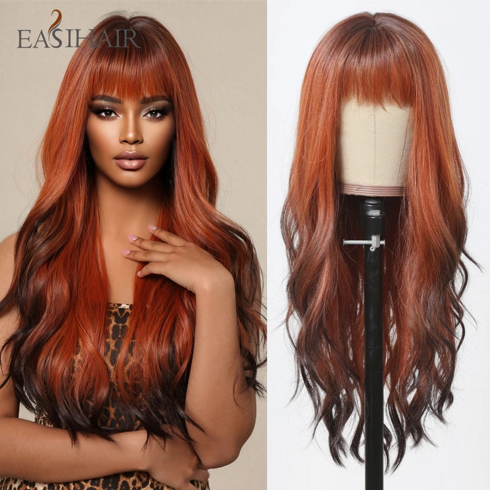EASIHAIR Dark Brown Long Curly Synthetic Wig with Bangs Brown Women's Wigs for Cosplay Daily Use Heat Resistant Natural Hair