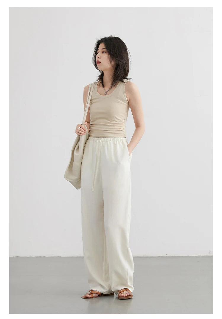 CHIC VEN Women Tanks New Solid Color Tees U-neck Pleated Vest Suspender Sleeveless Slim Female Top Spring Summer 2024