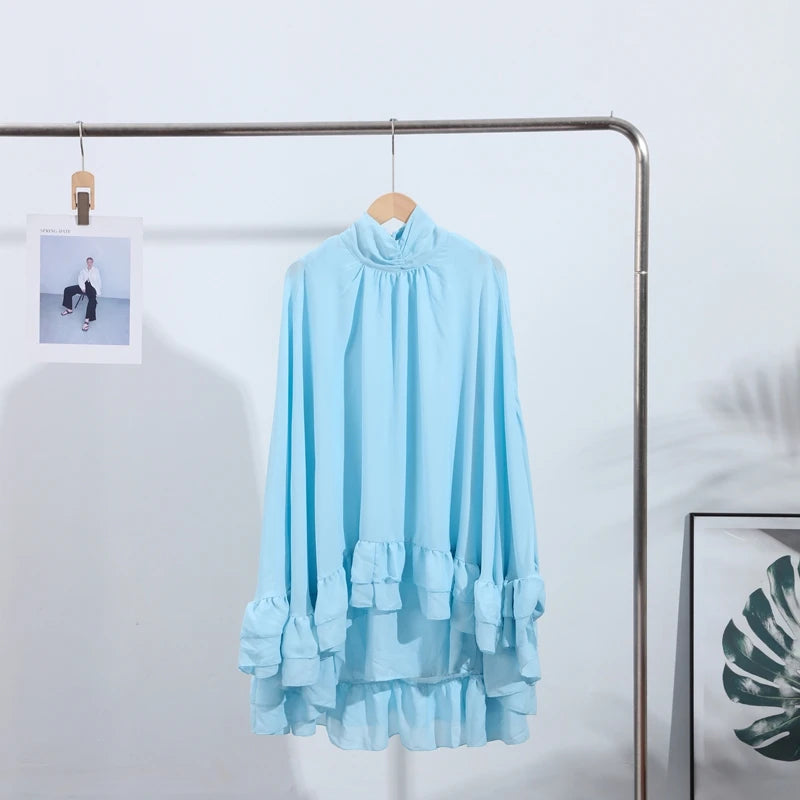 Summer Ruffles Short Dress Women Turtleneck Pleated Loose Turtleneck Flare Sleeve Robes 2025 Fashion Lady Party Holiday Gowns