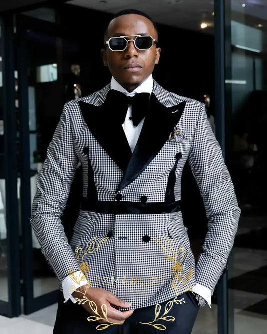 Latest Design Men's Suit Houndstooth Jacket Black Pants 2 Pieces Double Breasted Slim Fit Formal Wedding Tuxedos Evening Dress