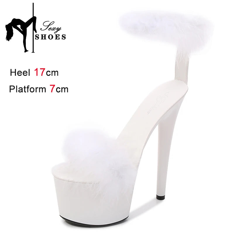 17CM Fur Womens Party Shoes Fashion 2023 Summer Sexy Exquisite Open Toe Ladies Shoes Female Stiletto Super High Heel Sandals
