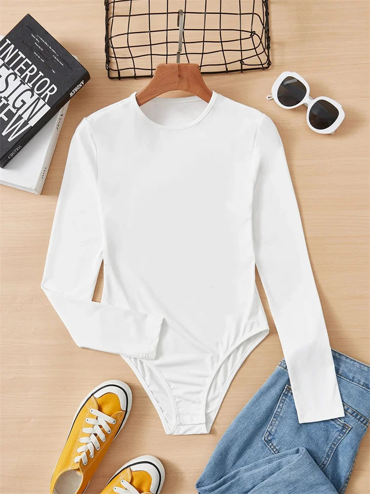 Women Basic Long Sleeve Round Neck Blouse Bodysuit Autumn Winter Casual Solid Color Slim Fit Bodycon Jumpsuit Streetwear