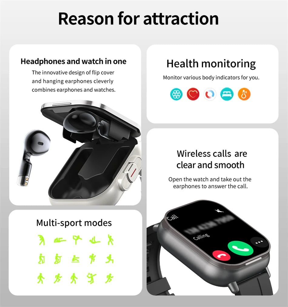 TWS 2 In 1 Smartwatch Earphones Sports Smart Watch Wireless Bluetooth Calling Health Monitor Fitness Record Watches With Headset