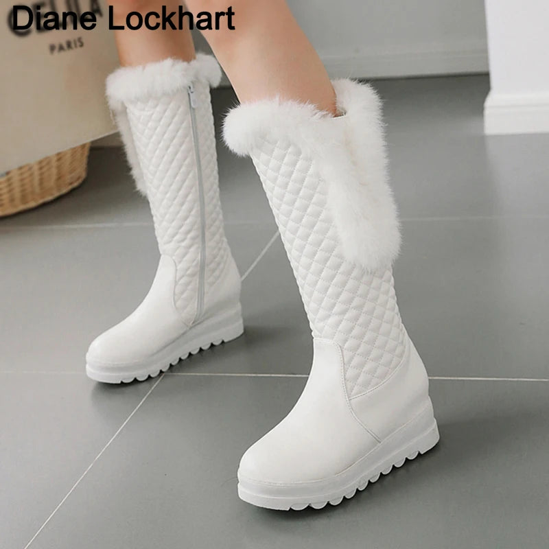 Winter Warm Fur Knee High Boots Womens Platform Snow Boots High Heels Female Padded Shoes  High Boots  Free Ship Big Size 41