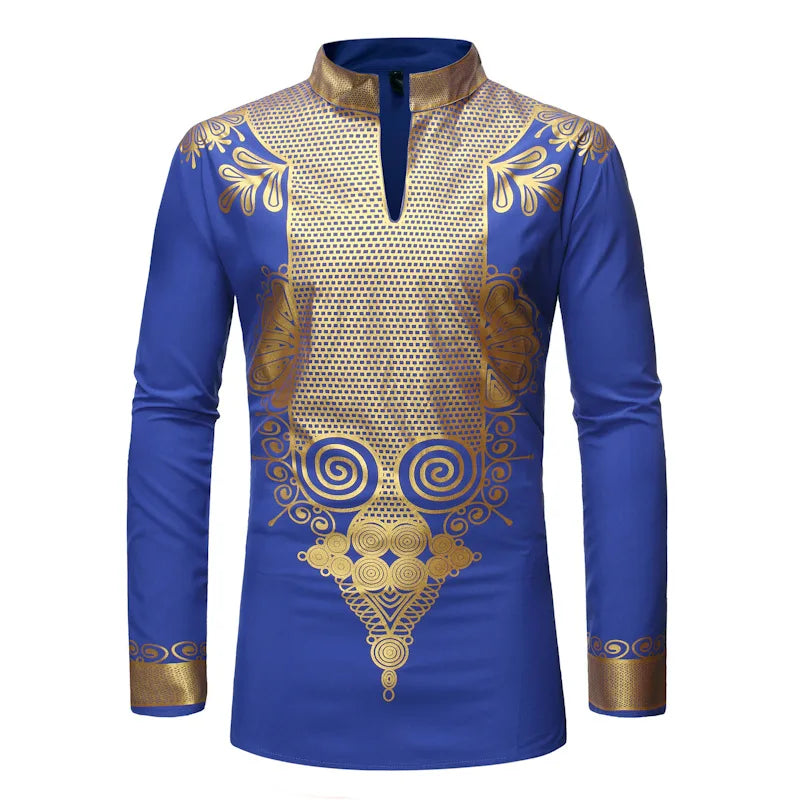 Men's Shirts Fashion Long Sleeve African Turkish Chieftain Print Robe Male Casual Blouses Traditional Ethnic Style Muslim Shirts