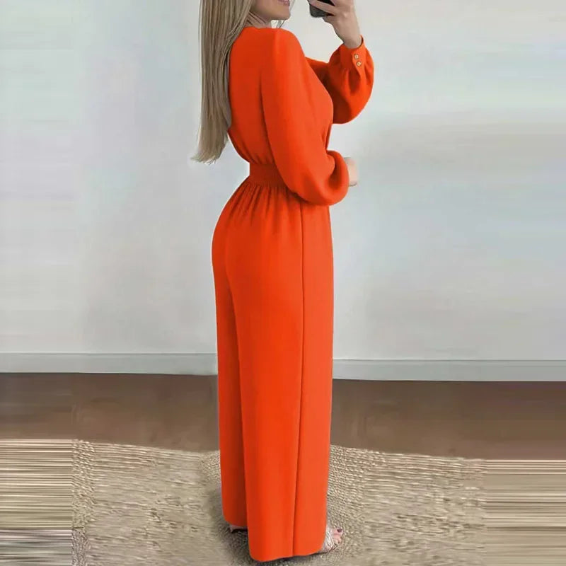 V Neck Solid Long Jumpsuits Fashion Commuting Belt Lace-Up Puff Sleeves Wide Legger Romper Casual Long Sleeve Women's Playsuit
