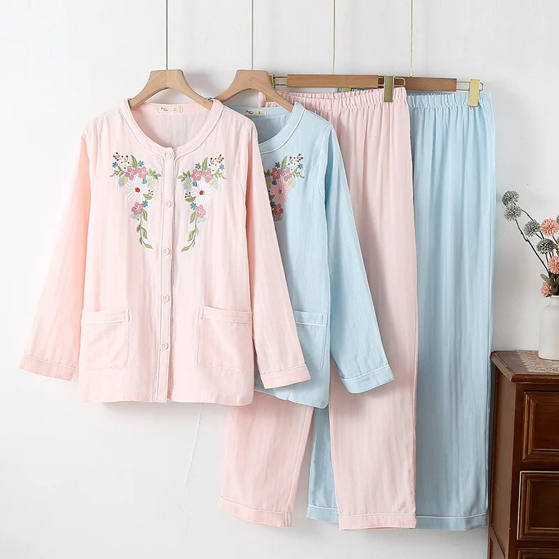 Women 100%Cotton Pajama Style Sleepwear Nightwear embroidery Summer Women's Short Sleeved Long Pants Cardigan Pajama Set