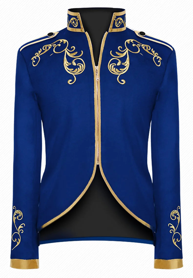 British Style Men Standing Collar Embroidered Suit Jacket Red / Blue Fashion Male Wedding Dance Party Patchwork Dress Coats